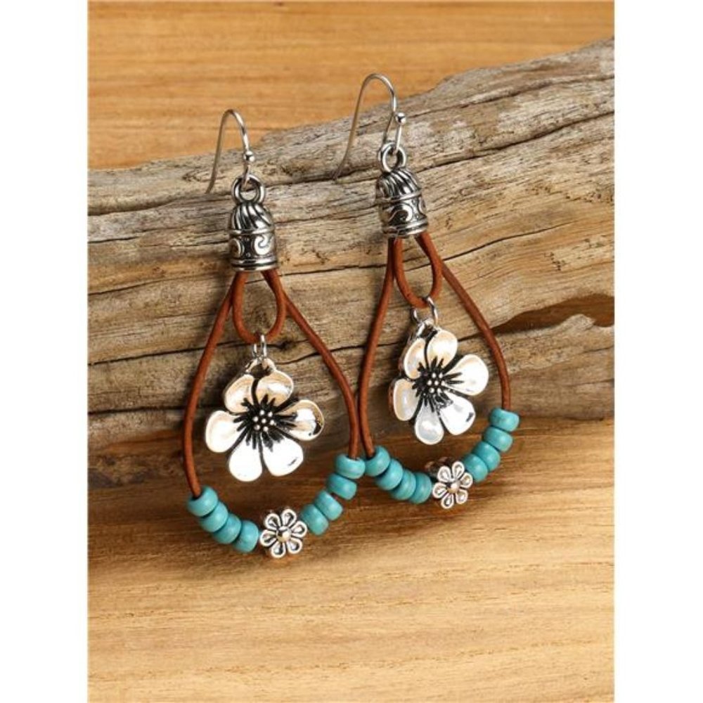 Boho Style Plum Blossom Pendant Turquoise Beads Dangle Earrings